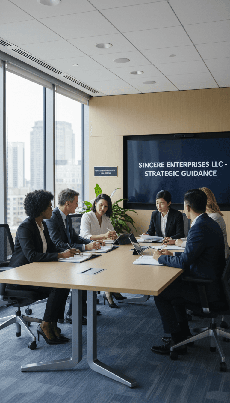 Group of business professionals in a strategic meeting at a modern consulting firm