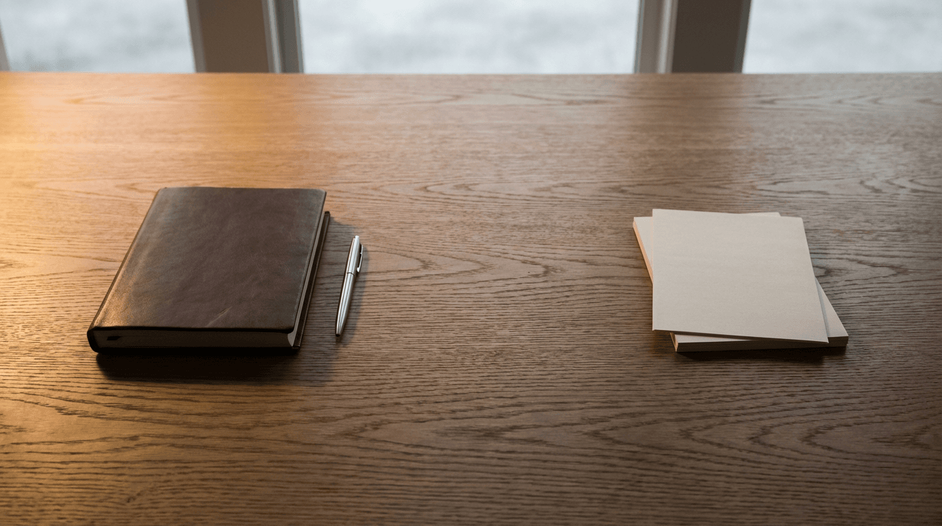 Clean consulting desk with notepad and pen in a sunlit New Jersey office.