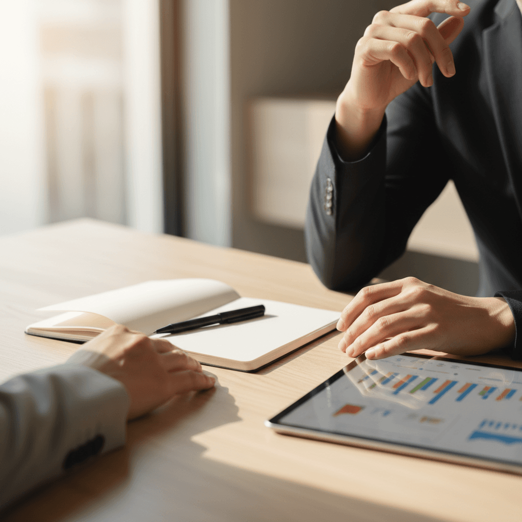 Consultant and client in a one-on-one strategy session at a small table
