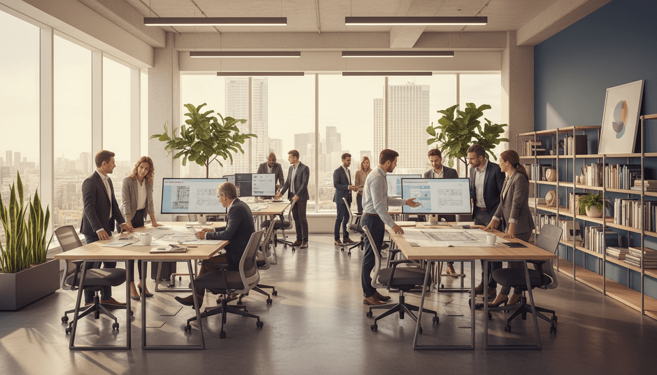 Modern office workspace with diverse team of professionals collaborating at standing desks in bright, contemporary environment